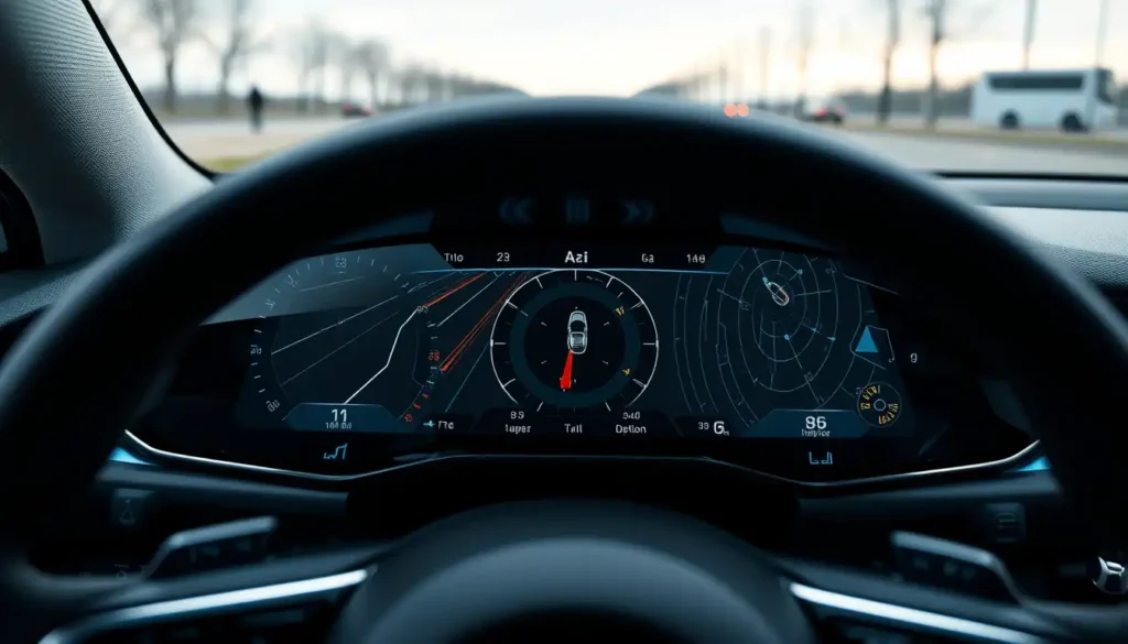 AI-powered dashboard of an autonomous car showing navigation and safety systems.