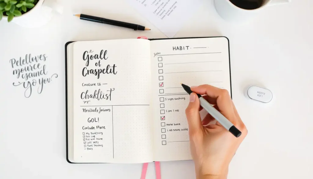 Bullet journal with motivational quotes and habit tracker for staying on track