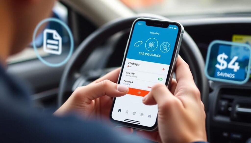 Buying car insurance online using a mobile app.