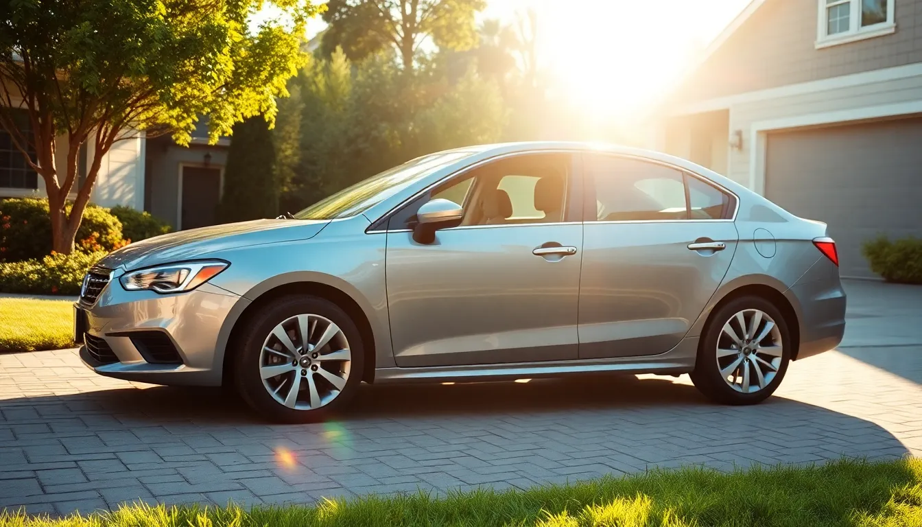 Car in suburban driveway representing affordable auto insurance premium savings.