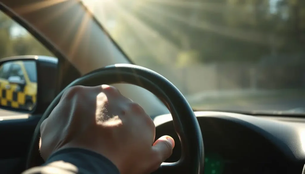 Close-up of disciplined driver’s hands on the wheel, focusing on safe driving habits