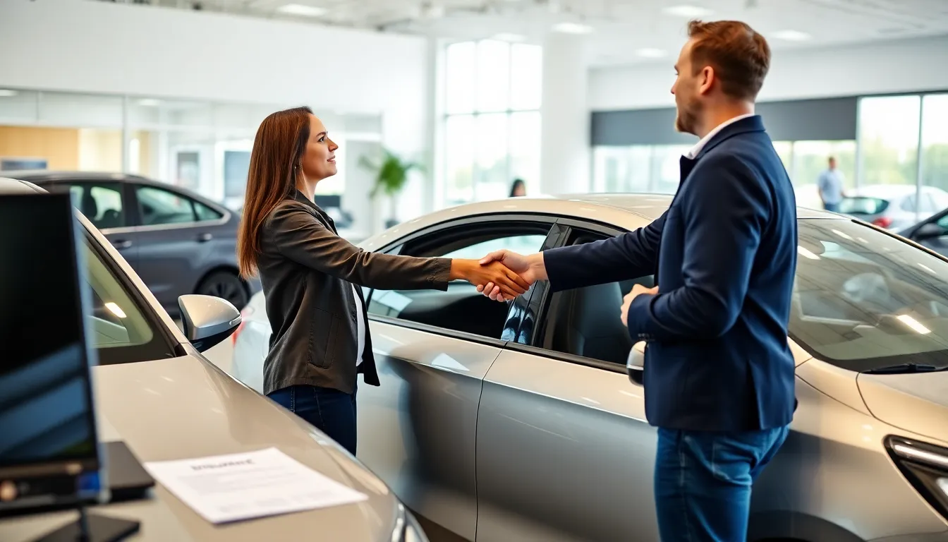 Customer shaking hands with car dealer in a modern showroom with embedded auto insurance documents on table