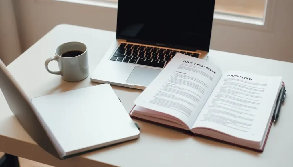 Desk with laptop and notebook representing consistent insurance management habits.