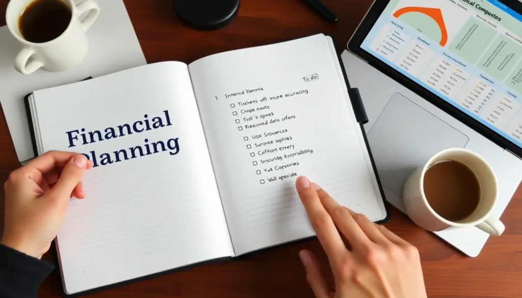 Disciplined person managing their finances with a financial planning checklist and car insurance comparisons on a laptop