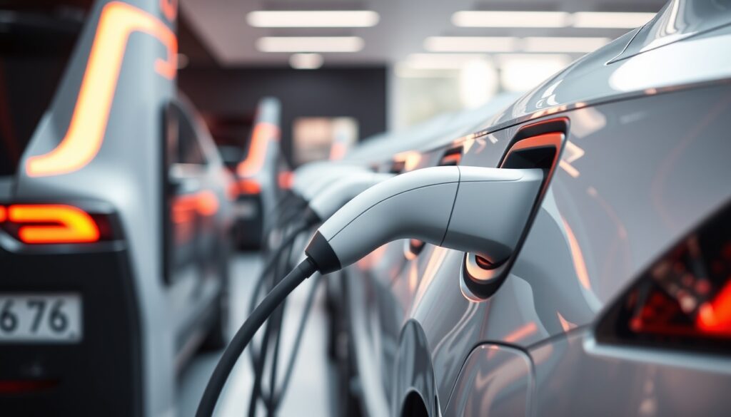 EVs charging at modern electric vehicle charging station.