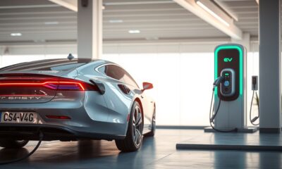 Electric car charging at station representing green car discounts