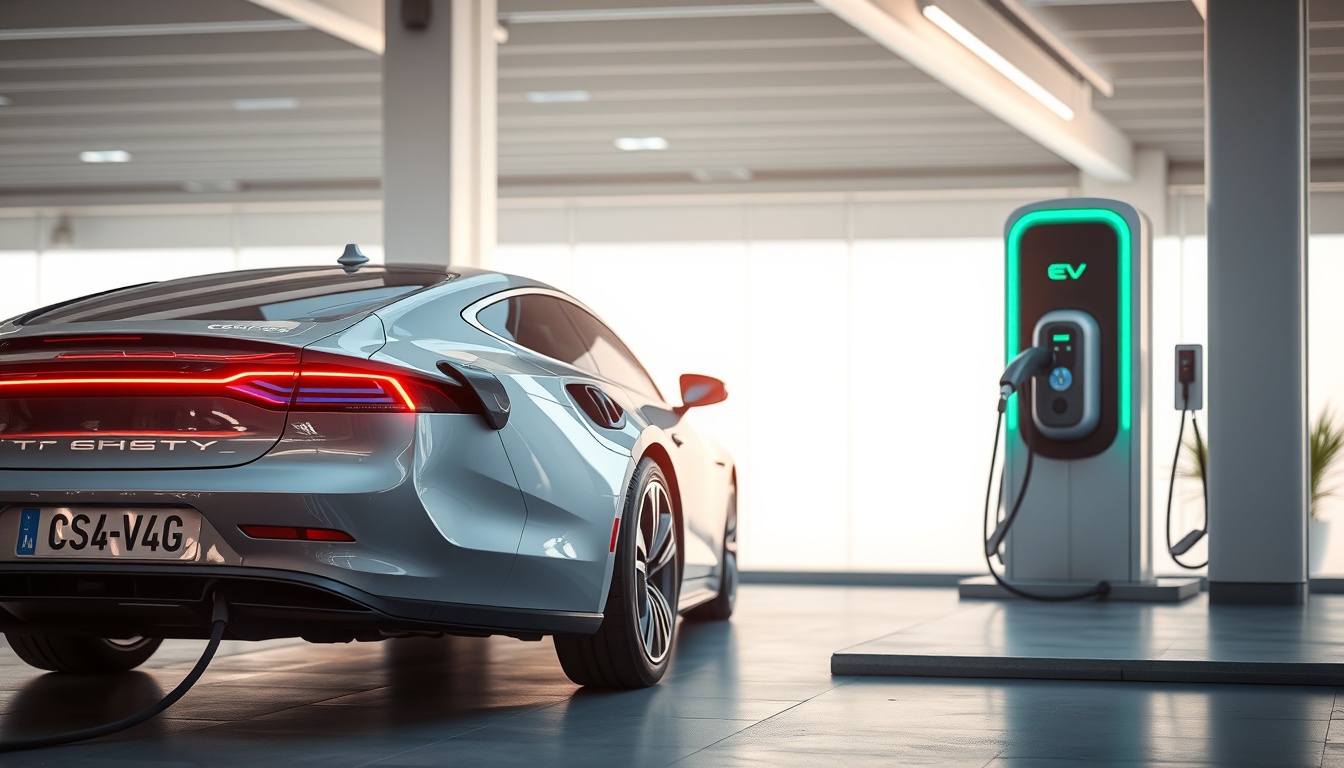 Electric car charging at station representing green car discounts