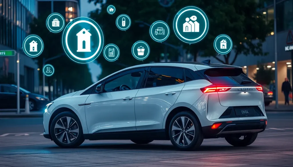 Electric car in city with subscription-based insurance concept