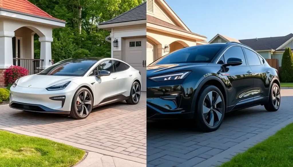 Electric vehicle and petrol car side-by-side showing design differences.