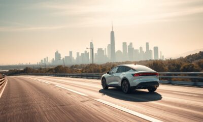 Electric vehicle driving on scenic U.S. highway in 2025.
