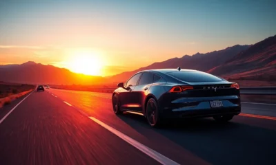 Electric vehicle on a scenic U.S. highway at sunset.