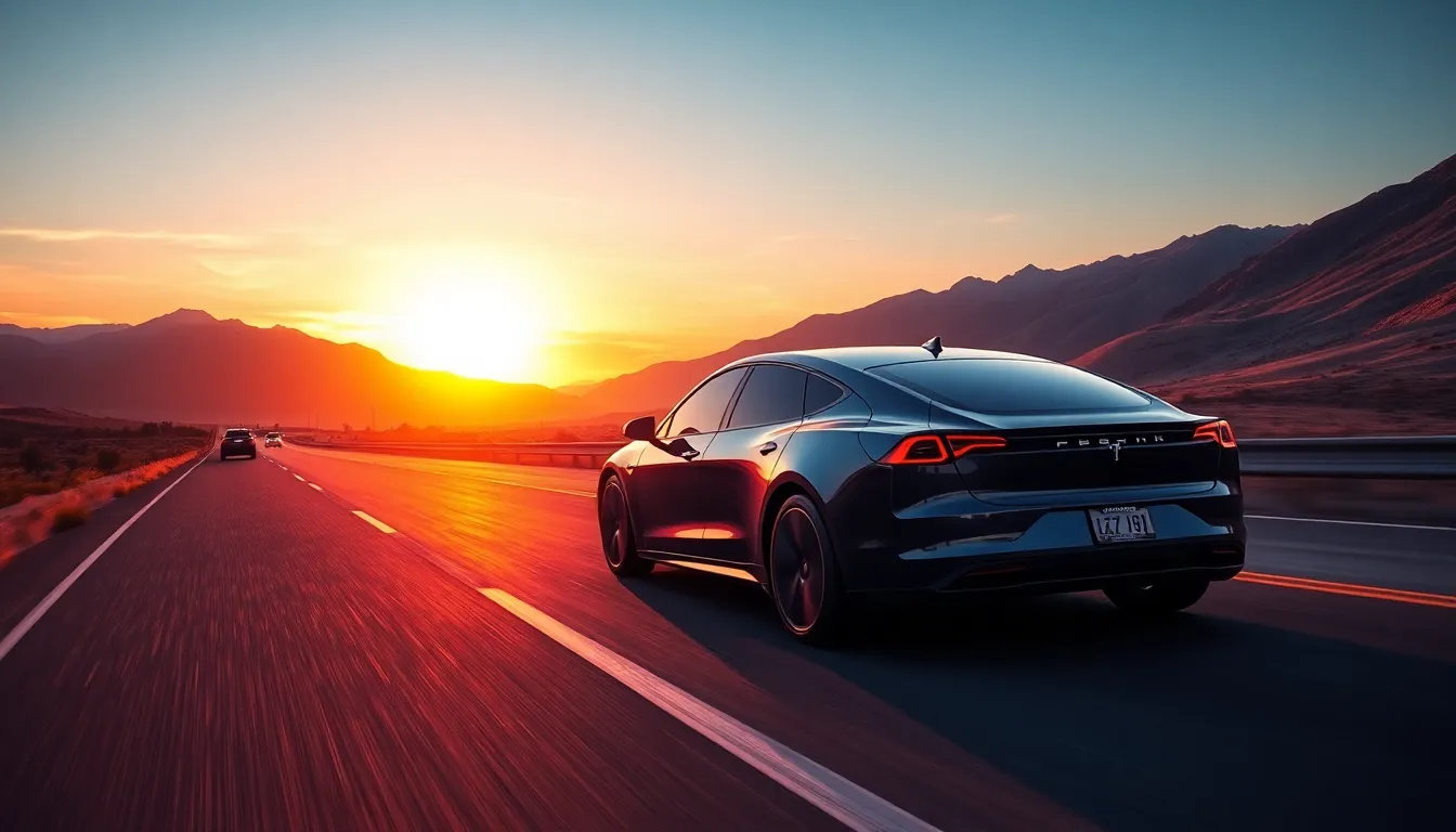 Electric vehicle on a scenic U.S. highway at sunset.