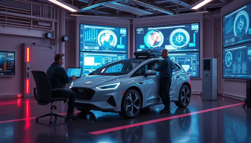 Engineers testing and monitoring an autonomous vehicle in a high-tech facility.