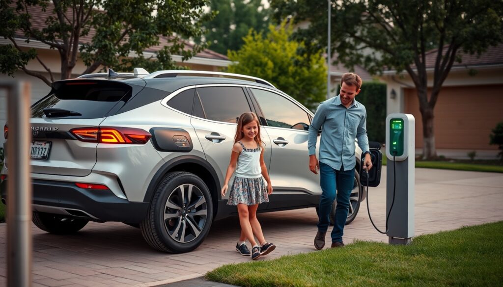 Family charging hybrid SUV in suburban U.S. home driveway.