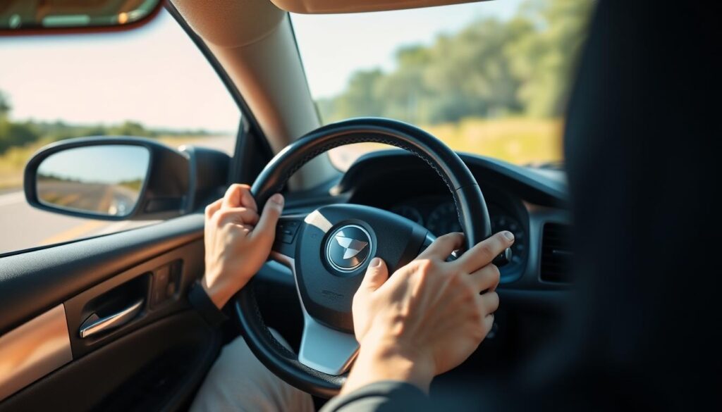 Focused driver practicing disciplined driving to reduce insurance premium.