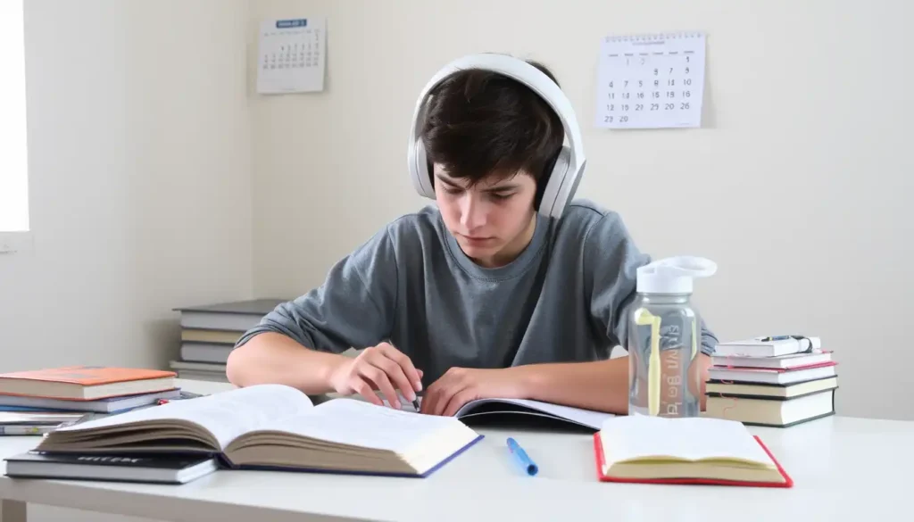 Focused student studying with planner and books, practicing discipline and routine