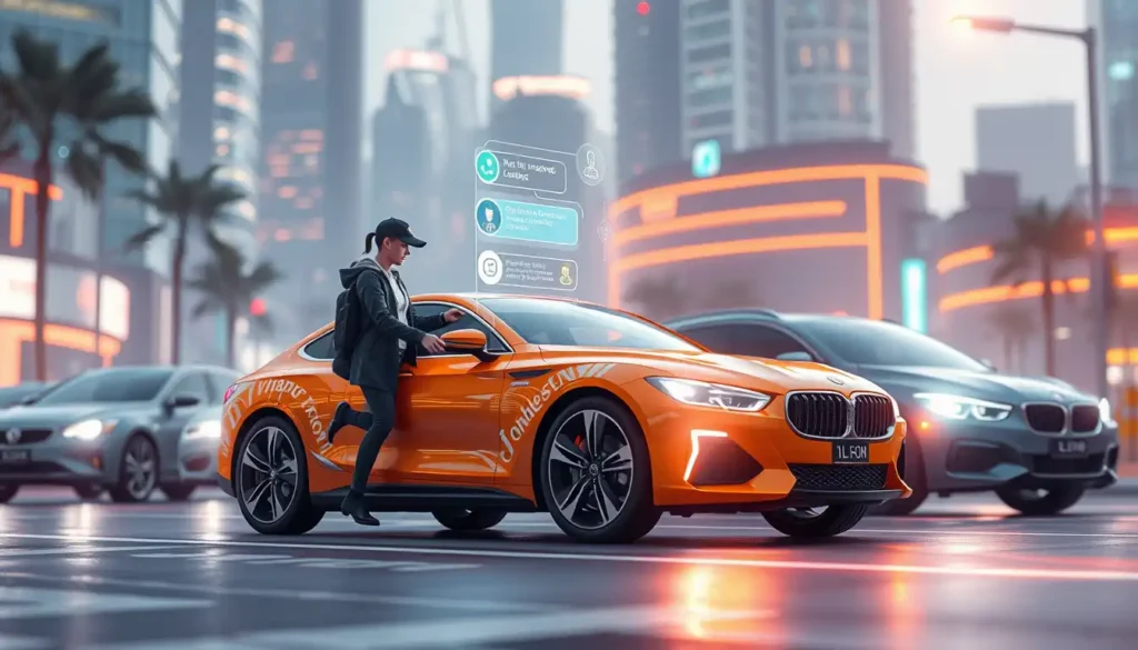 Futuristic AI chatbot assisting with car insurance in smart city