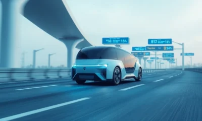 Futuristic autonomous vehicle driving on a smart highway with advanced technology systems.