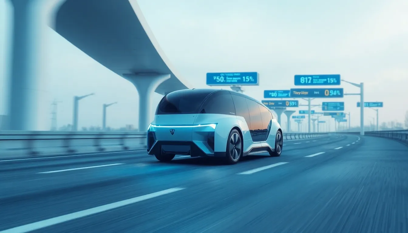 Futuristic autonomous vehicle driving on a smart highway with advanced technology systems.