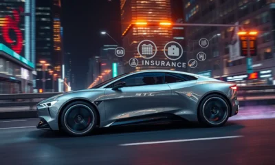 Futuristic car in a smart city representing subscription-based auto insurance in 2025