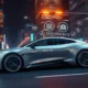 Futuristic car in a smart city representing subscription-based auto insurance in 2025