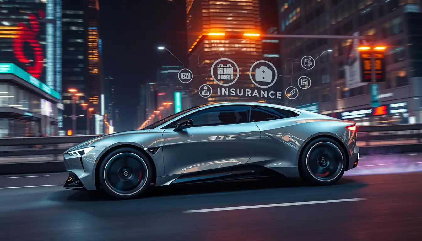 Futuristic car in a smart city representing subscription-based auto insurance in 2025