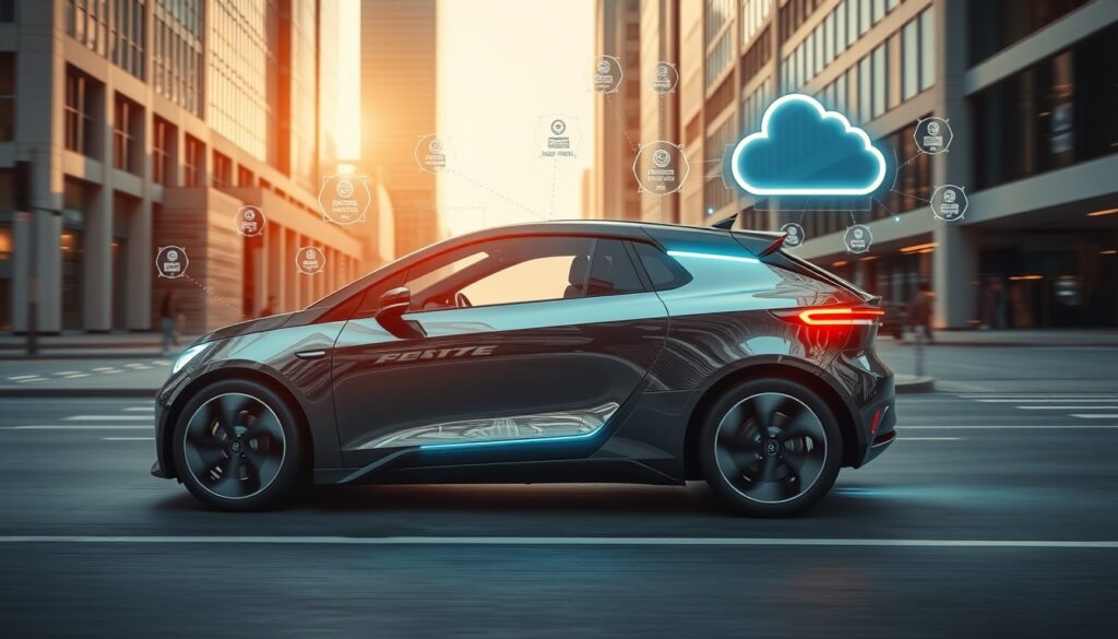 Futuristic smart car connected to a digital auto insurance system.