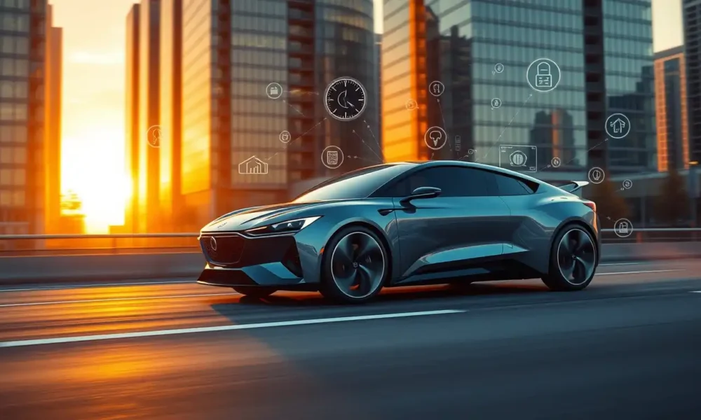 Futuristic smart car with holographic technology and AI insurance interface in a modern cityscape at sunset.
