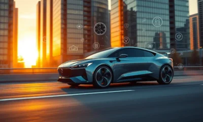 Futuristic smart car with holographic technology and AI insurance interface in a modern cityscape at sunset.
