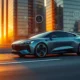 Futuristic smart car with holographic technology and AI insurance interface in a modern cityscape at sunset.