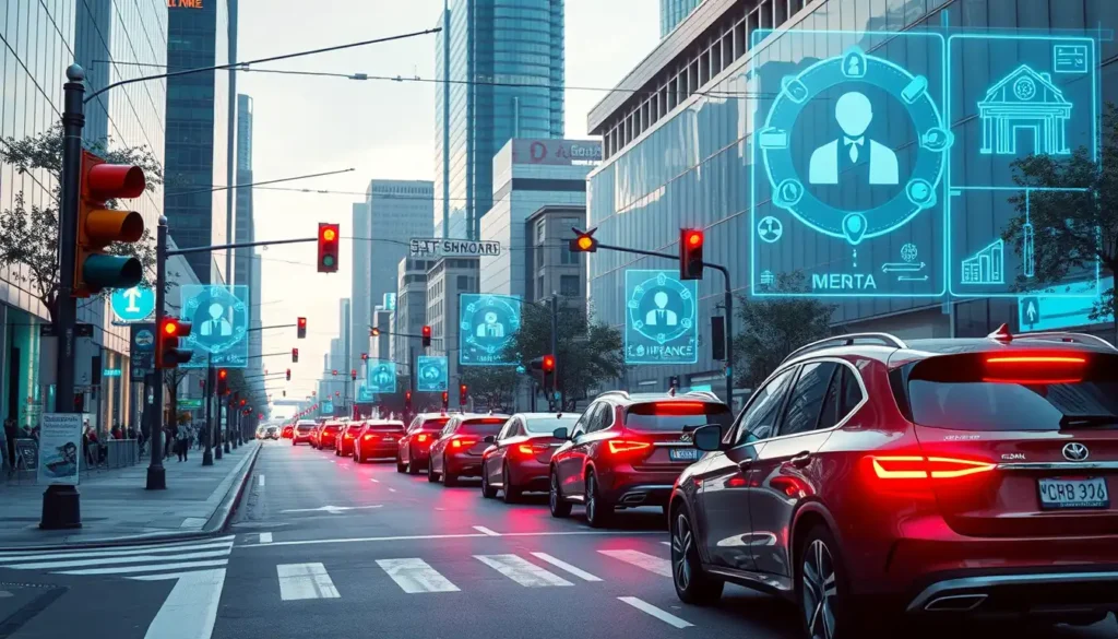 Futuristic smart city with connected cars and insurance systems.