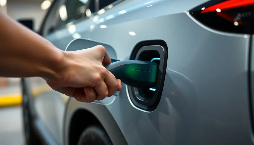 Hand plugging in charging cable to an electric vehicle with LED charging indicators.