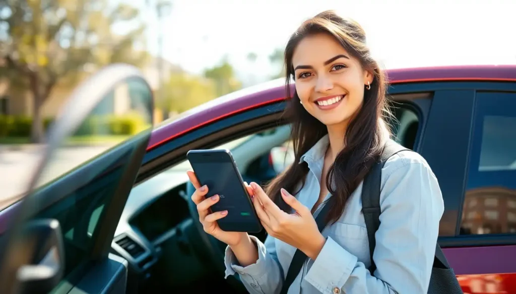 Happy driver celebrating lower insurance premium due to good telematics score.