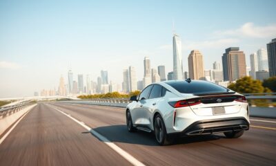 Hybrid car driving on a U.S. highway with city skyline in 2025.