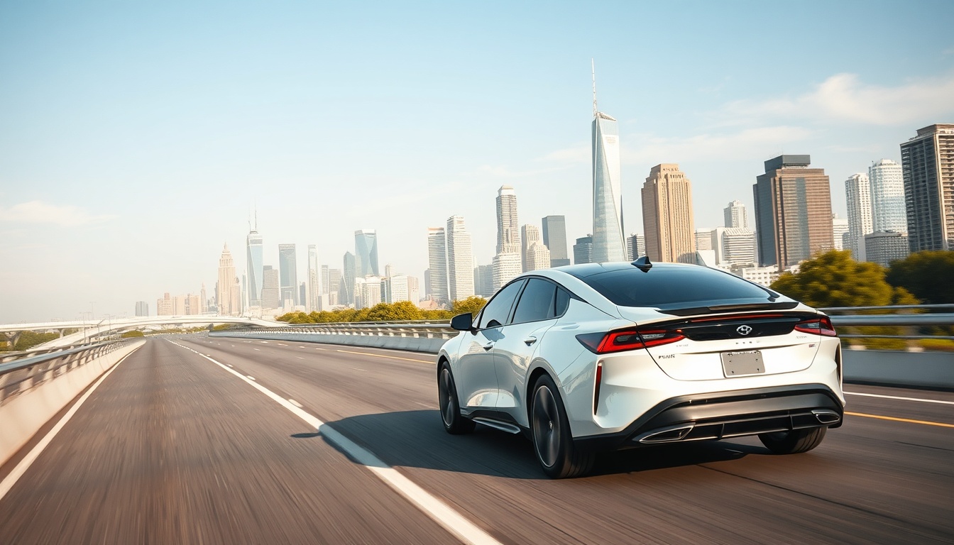 Hybrid car driving on a U.S. highway with city skyline in 2025.