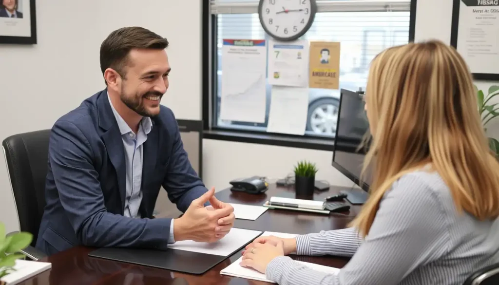 Insurance agent helping customer choose car insurance.