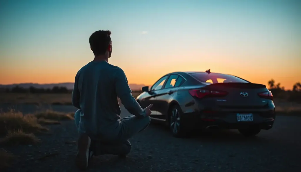 Man practicing mindfulness meditation near his car to stay balanced while managing auto insurance