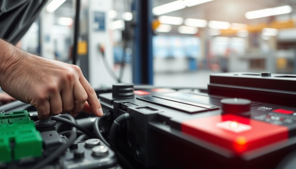 Mechanic working on an electric car battery in a high-tech garage.