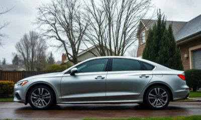 Modern car in a driveway during a hailstorm representing parametric auto insurance coverage.