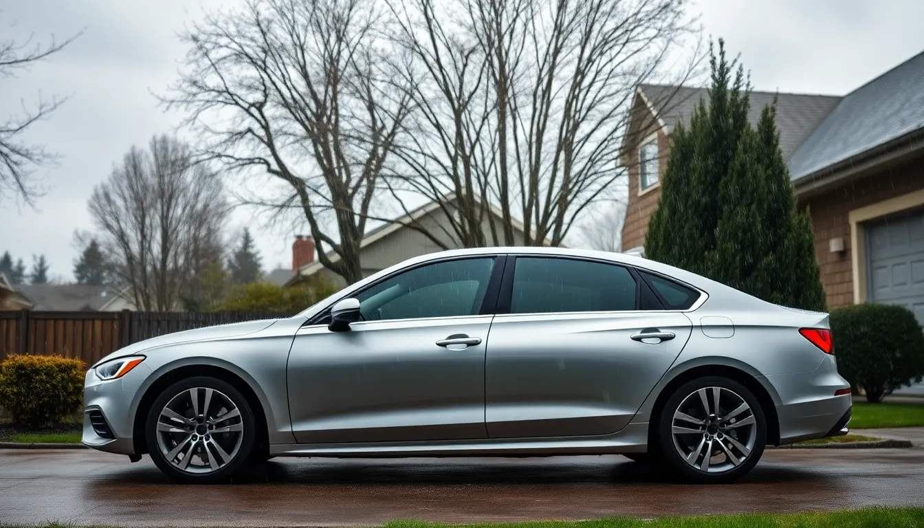 Modern car in a driveway during a hailstorm representing parametric auto insurance coverage.