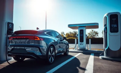 Modern electric vehicle charging at a futuristic EV station in 2025.
