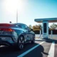 Modern electric vehicle charging at a futuristic EV station in 2025.