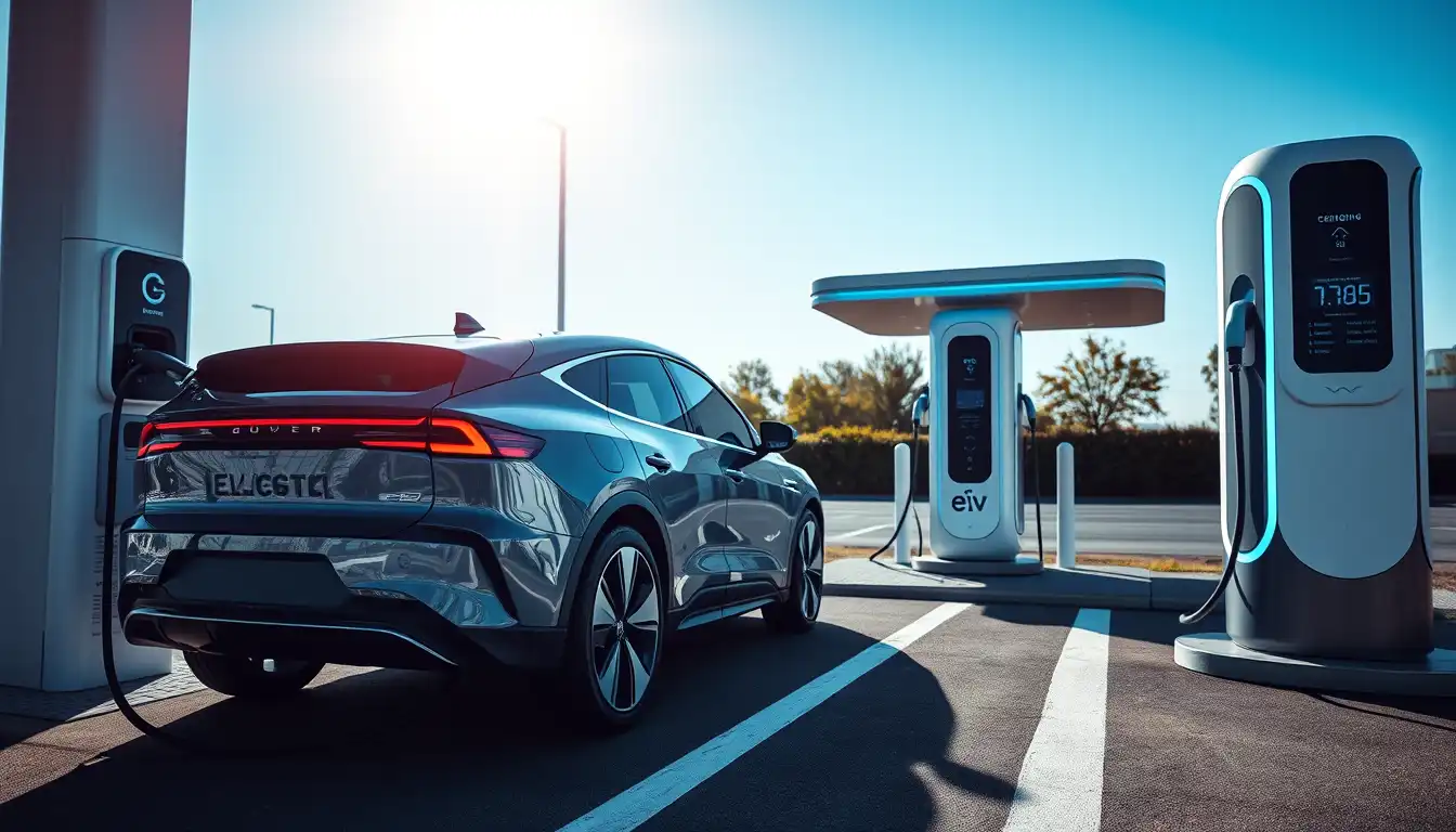 Modern electric vehicle charging at a futuristic EV station in 2025.
