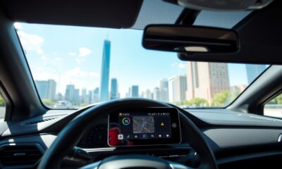 Modern vehicle interior with telematics device monitoring usage-based auto insurance in a city setting