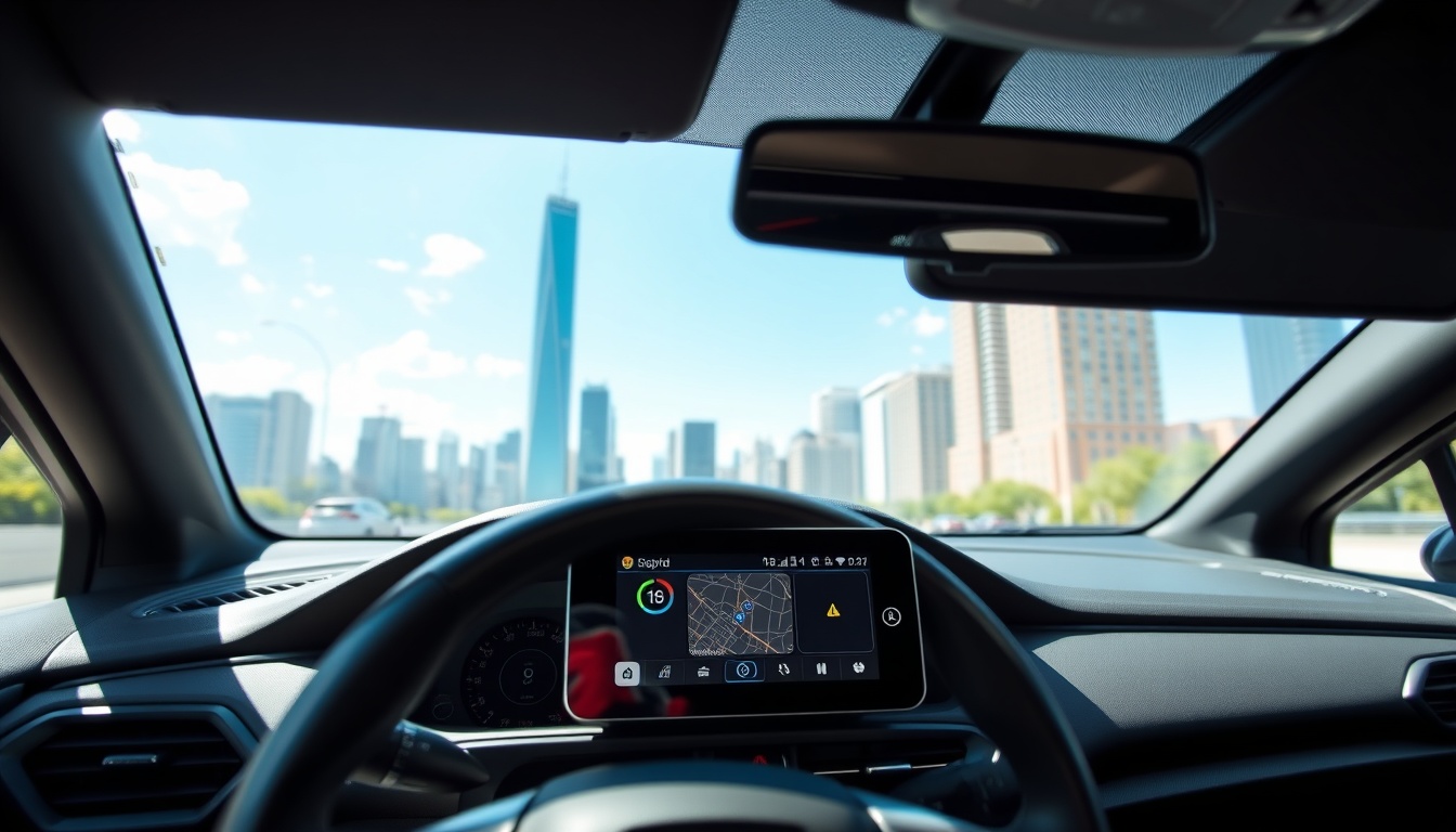 Modern vehicle interior with telematics device monitoring usage-based auto insurance in a city setting