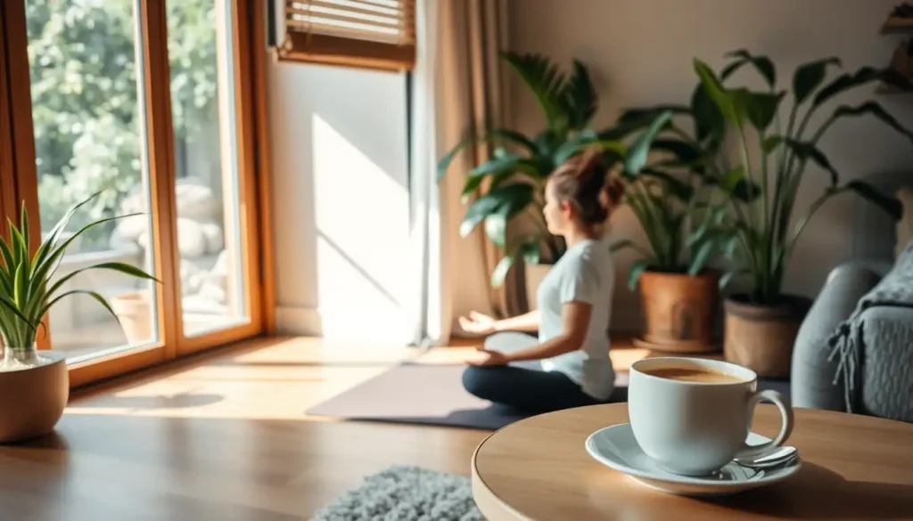 Peaceful home setting with person meditating, promoting mental wellness and balance