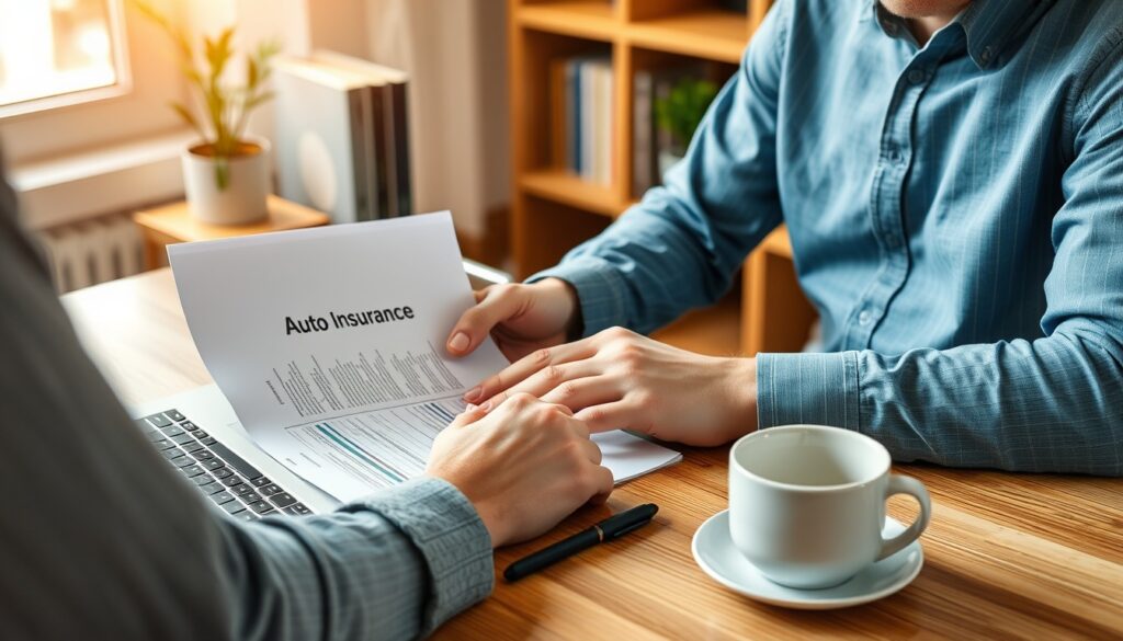 Reviewing car insurance policy documents to adjust and lower auto insurance premium.