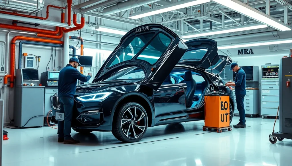 Technicians repairing an electric car battery in a high-tech workshop.