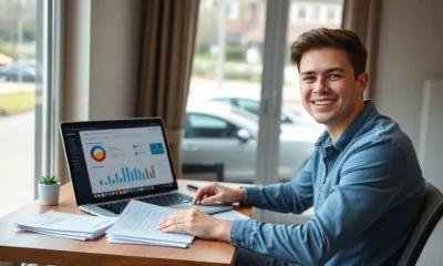 Young adult managing pay-per-mile car insurance from home with parked vehicle outside
