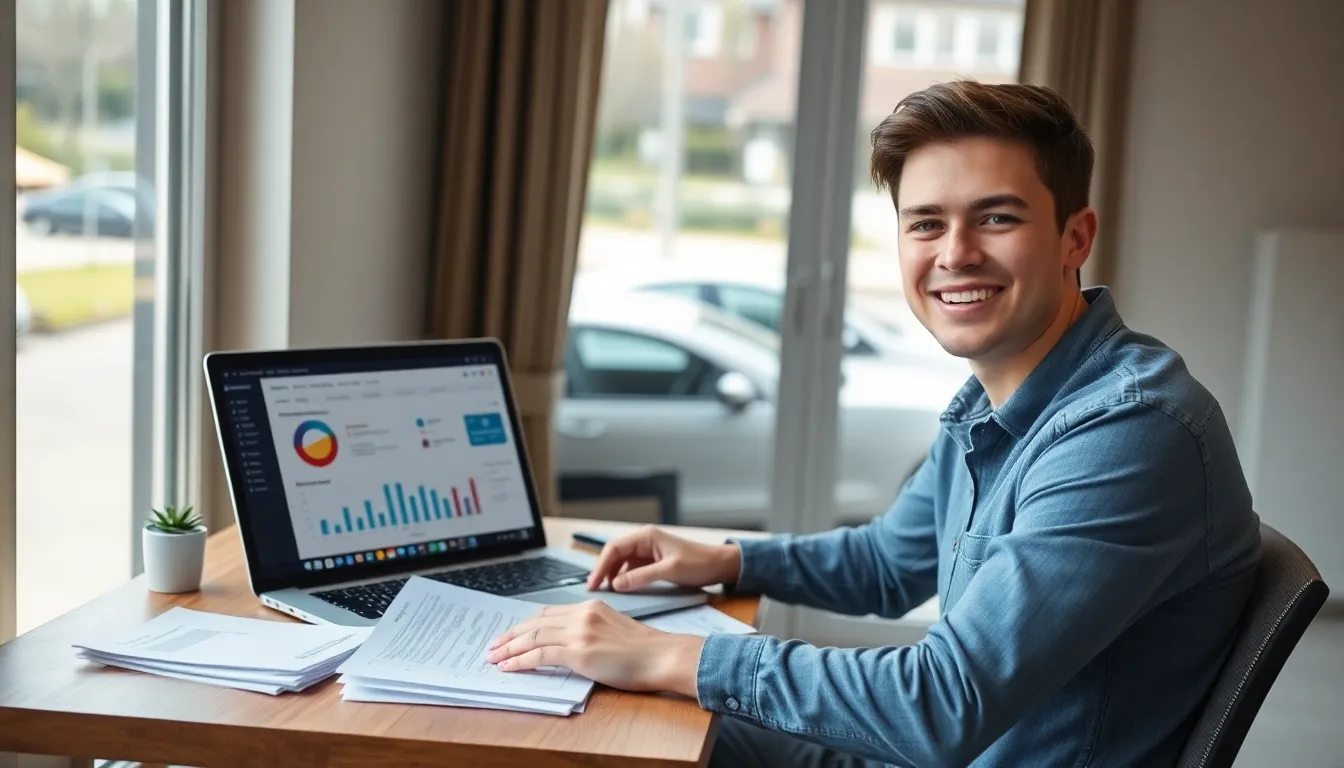 Young adult managing pay-per-mile car insurance from home with parked vehicle outside